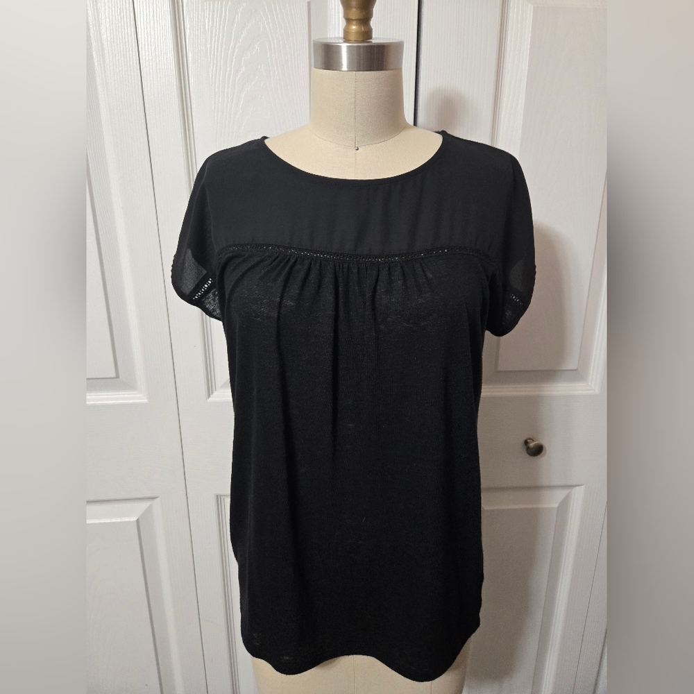 Banana Republic Black Shirt Semi-Sheer panel across neckline, Size XS, EUC
